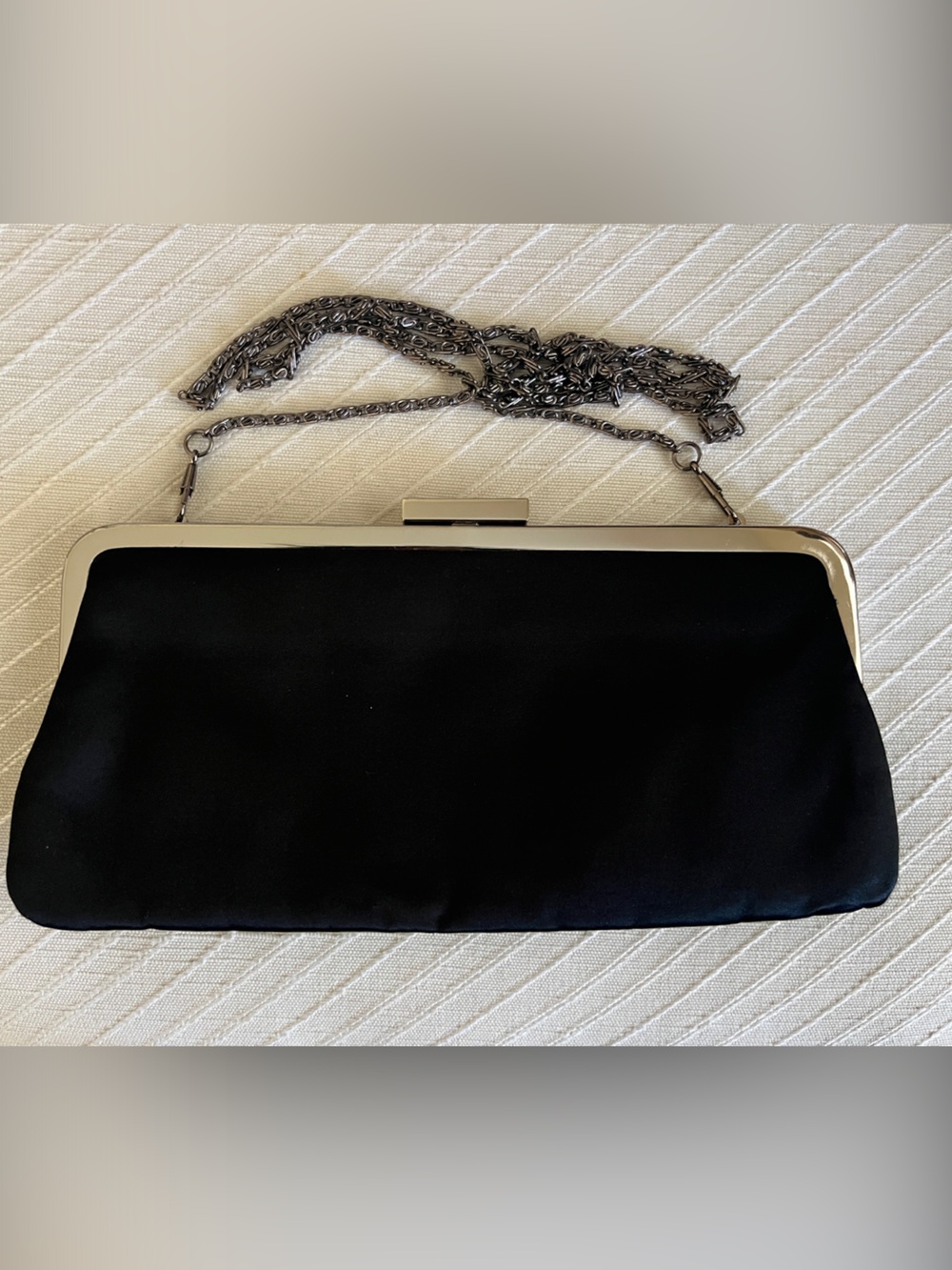 BCBGMaxAzria Black Satin Clutch with Gunmetal Chain